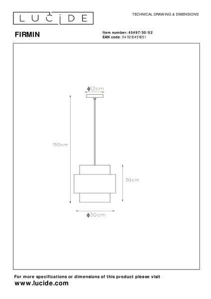 Lucide FIRMIN - Pendant light - Ø 30 cm - 1xE27 - Matt Gold / Brass - technical